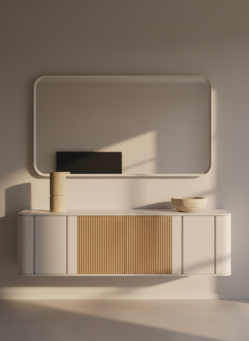 An elegant vignette of a custom Italian-designed sideboard used for furniture supply services, featuring a long, wall-mounted unit in matte warm white lacquer with slender, shadow-gap detailing and a thin, fluted natural oak front on the central doors. Above it, a large, frameless rectangular mirror with softly rounded corners reflects a blurred hint of a modern interior. On the sideboard surface, only two objects rest: a tall, sand-colored ceramic cylinder and a low, wide travertine bowl. Gentle golden-hour light enters from the right, creating soft reflections on the lacquer and subtle, elongated shadows on the wall. Photographed straight-on at eye level with a calm, balanced composition, the image embraces a muted palette, minimalist styling, and refined photographic realism, ideal for showcasing bespoke furniture craftsmanship.
