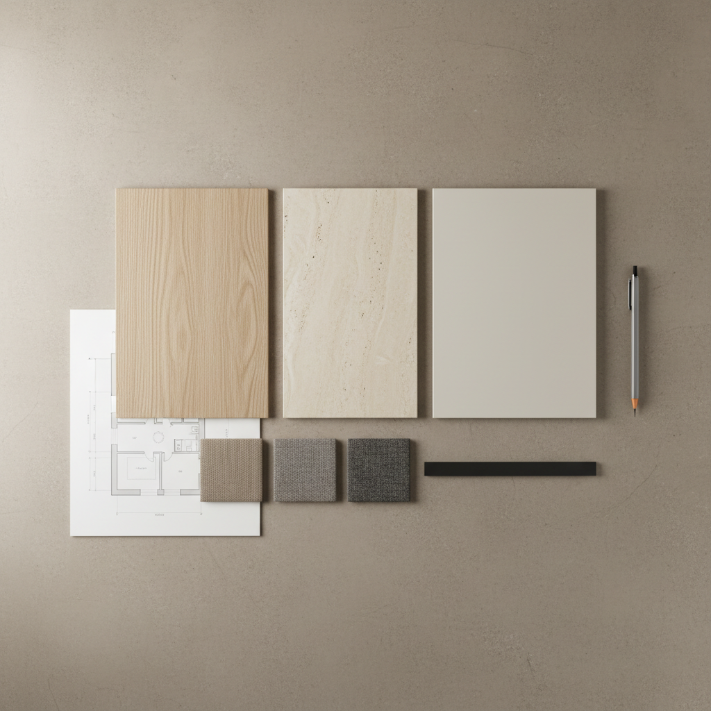 A carefully arranged material moodboard for a high-end interior project in Verona, laid flat on a smooth, warm-gray microcement surface. Large samples of pale oak veneer, honed travertine, and matte off-white lacquer are precisely aligned, accompanied by smaller swatches of muted taupe fabric, charcoal wool, and a strip of brushed black metal. A finely detailed floor plan printout in soft gray lines sits partially beneath the materials, while a single graphite mechanical pencil rests parallel to the paper’s edge. Overhead, soft diffused studio lighting eliminates harsh shadows, creating subtle gradients and delicate highlights on each texture. Captured from a top-down, bird’s-eye view with sharp focus, the composition feels ordered, calm, and sophisticated, reflecting a minimalist, photographic realism aesthetic tailored for professional interior design presentations.
