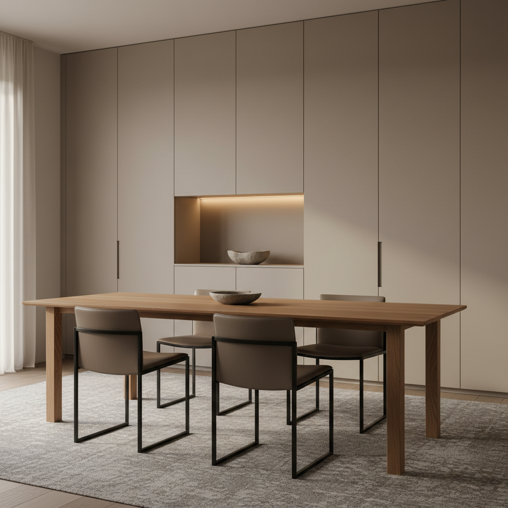 A refined modern dining area designed for an Italian apartment, featuring a slim, rectangular solid oak table with chamfered edges and four minimalist black metal-framed chairs with taupe leather seats, all resting on a textured, light gray wool rug. Behind, a continuous wall of matte sand-colored cabinetry conceals storage, interrupted only by a single recessed niche with a soft, integrated LED strip illuminating a simple stone bowl. Gentle late-morning light filters in from an unseen window to the left, creating subtle gradients across the surfaces. Captured from a slightly elevated three-quarter angle with a calm, photographic realism aesthetic, the composition follows the rule of thirds and emphasizes muted tones, clean lines, and an atmosphere of quiet sophistication and understated luxury.