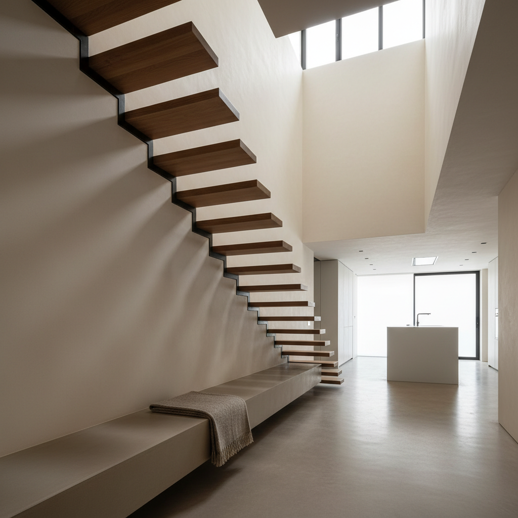 A meticulously detailed interior architecture render of a contemporary Verona loft, highlighting a floating staircase with slim black steel stringers and thick, cantilevered oak treads anchored into a smooth plaster wall. Beneath the staircase, a low built-in bench in warm gray microcement forms a continuous volume, topped with a single folded wool throw in stone color. The background reveals a double-height space with polished concrete floors and a minimal, matte white kitchen island. Soft, overcast daylight enters from high clerestory windows, creating faint reflections and gentle shadows that emphasize the staircase geometry. Shot from a low-angle perspective with a wide lens, the image has crisp focus and a minimalist, photographic style that communicates precision, structural elegance, and contemporary Italian design sensibility.